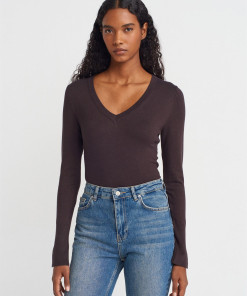 V Yaka Kolu Yırtmaçlı Kazak-Koyu Kahve