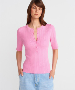 Bisiklet Yaka Fitilli Düğmeli İnce Triko Bluz-Koyu Pembe