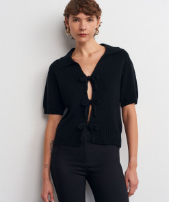 Fiyonklu Triko Top-Siyah